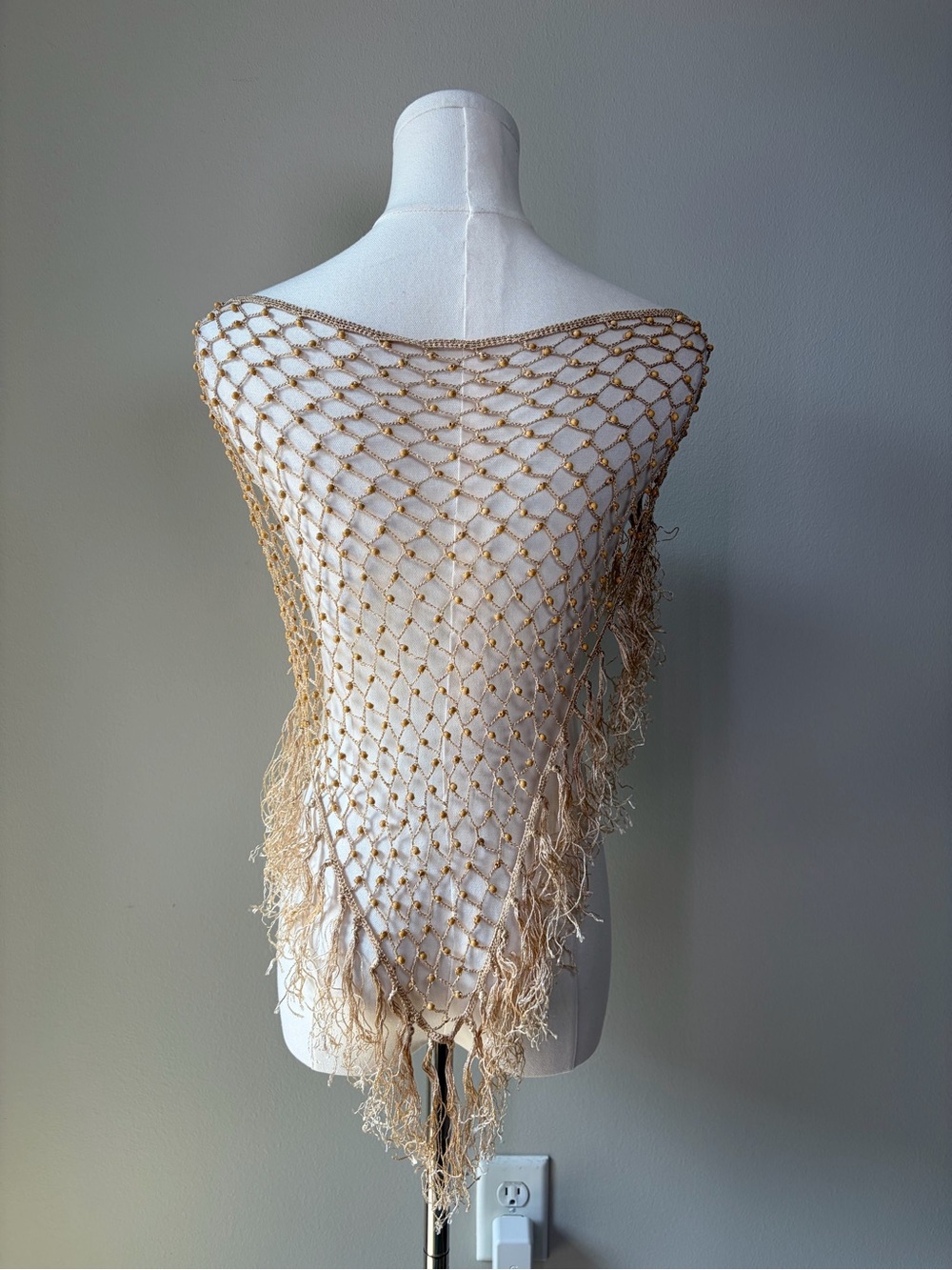 Boho Wooden Beaded Crochet Fringe Net Wrap Convertible Shawl Hip Scarf Festival - Picture 6 of 13